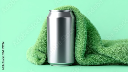 Aluminum soda can draped with a soft green textured towel. Minimalist product display for beverage marketing. Creative advertising concept for refreshing drink refreshment cold liquid.