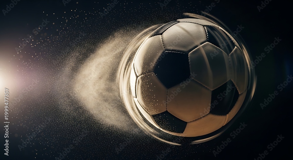 Fototapeta premium A dynamic soccer ball creates a swirling cloud of dust and particles as it moves rapidly across the frame