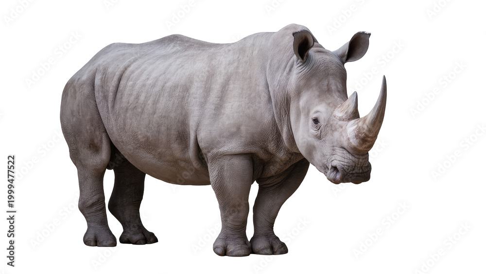 Fototapeta premium Massive white rhinoceros with large horn, isolated on transparent background