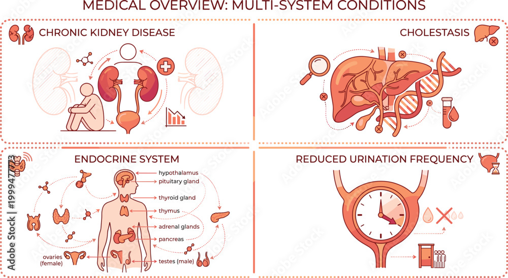 Obraz premium Medical overview infographic illustrating chronic kidney disease cholestasis liver dysfunction endocrine system glands and reduced urination frequency symptomsMedical overview infographic 