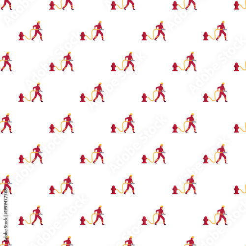 Firefighters in uniform connecting a fire hose to a hydrant in a seamless vector pattern