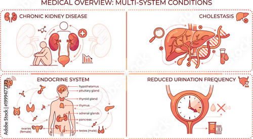 Medical overview infographic illustrating chronic kidney disease cholestasis liver dysfunction endocrine system glands and reduced urination frequency symptomsMedical overview infographic 