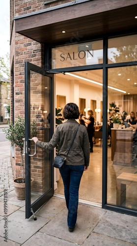 Person entering salon door for haircut appointment