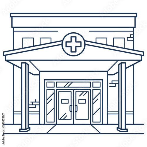 Columned Medical Facility Front With Circular Badge