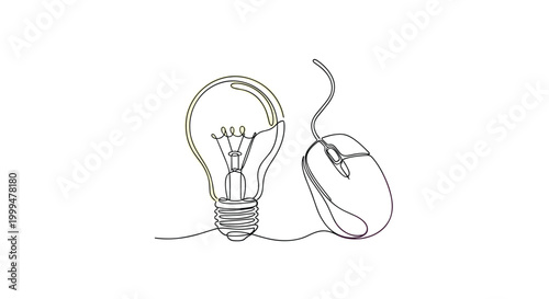 A continuous line drawing featuring a lightbulb and a computer mouse side by side on a plain white background in a clean and minimalist graphic style.