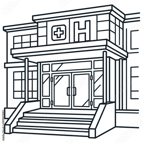 Corner Hospital Reception Building With Entry Steps