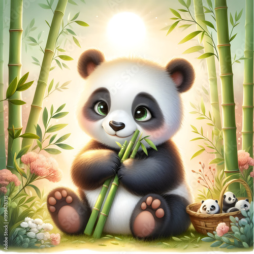 Adorable illustration of cute pandas sitting and eating bamboo. Perfect for children's books, nursery decor, greeting cards, or animal-themed designs. High-quality, hand-painted style.