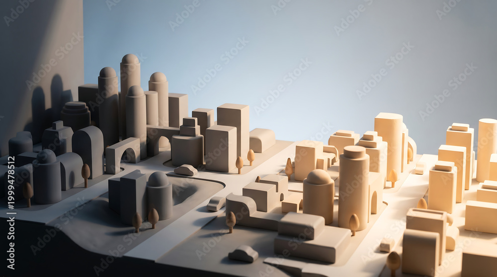 Fototapeta premium Miniature city setup with buildings and roads on a table indoors