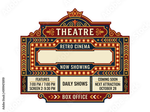 Vintage theater billboard signage set features retro cinema details and daily shows