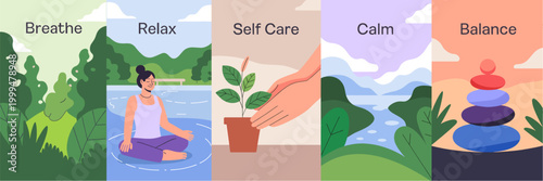 Woman meditating and self care scenes in calm wellness panels