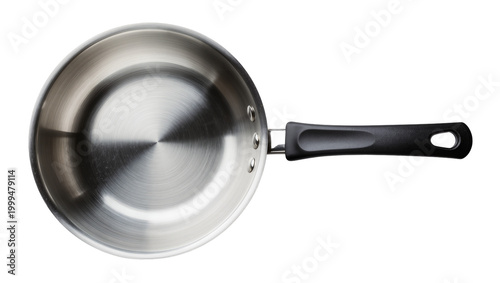 Tableau sur toile Shiny stainless steel frying pan with black handle, isolated on transparent back