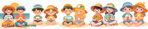 vector two children sitting on the sand holding cold drinks in summer clothes