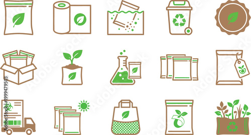 Biodegradable mailer icons featuring eco friendly packaging