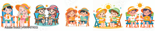vector two children sitting on beach chairs holding cold drinks in summer clothes