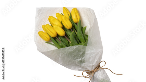 Obraz na plátně Bouquet of yellow tulips wrapped in white paper tied with twine, isolated on tra