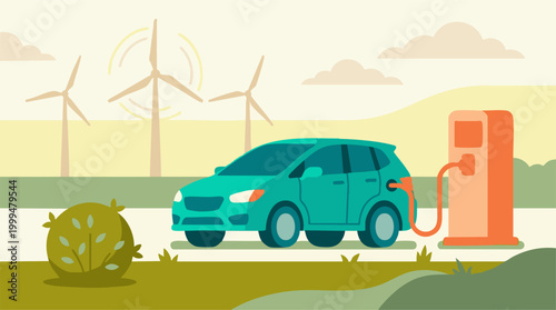 Electric car charging at station with wind turbines, clean energy concept