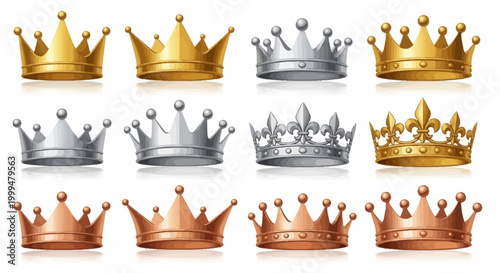 Photos Collection of Regal Crowns in Gold, Silver, and Bronze, Symbolizing Royalty, Pow
