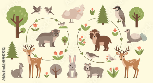 A whimsical illustration depicting a seated fox alongside a pine tree and deer head, evoking a sense of serenity and nature-inspired design for childr