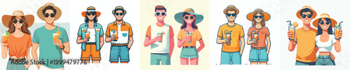 half body vector couple standing holding cold drinks in summer clothes