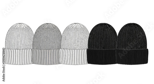 Fotografía Assortment of cozy knitted beanies in black and light gray, providing essential