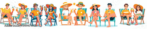 vector couple sitting on beach chairs holding cold drinks in summer clothes