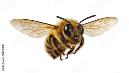 Tableau sur toile Fuzzy honey bee with transparent wings in flight, isolated on transparent backgr