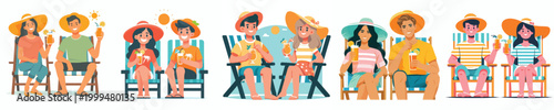 vector couple sitting on beach chairs holding cold drinks in summer clothes