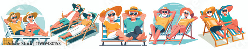 vector of a old couple relaxing on a beach chair in summer clothes