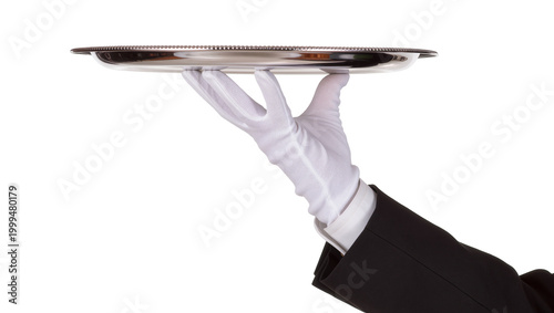 White gloved hand holding a polished silver serving tray, isolated on transparent background