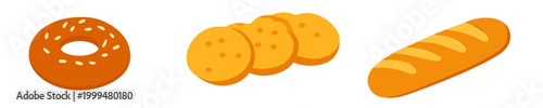 A row of golden bakery items featuring a glazed donut, round shortbread cookies, and a long baguette on transparent background. Great for bakery menus and food blogs.