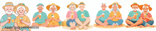 vector old couple sitting on the sand holding cold drinks in summer clothes