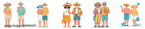 vector old couple standing holding cold drinks in summer clothes
