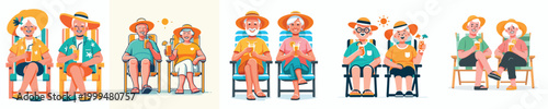 vector old couple sitting on beach chairs holding cold drinks in summer clothes