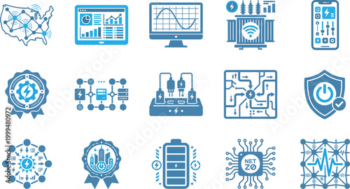 AI grid load balancers icon set for smart energy