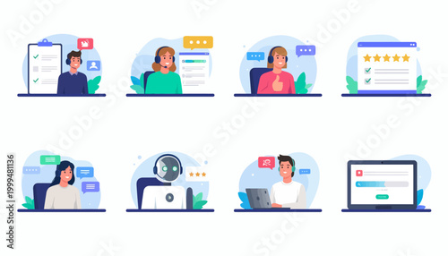 Customer Service And Support Icons Featuring People And Robots Assisting With Inquiries