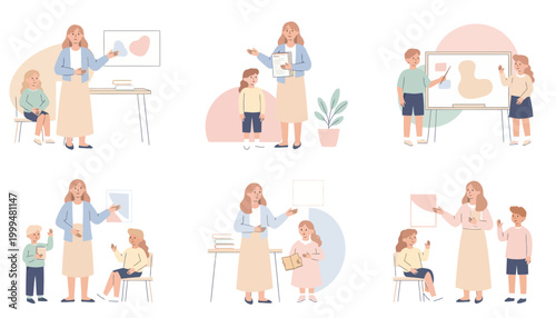 Collection of illustrations demonstrating a dedicated female educator interacting with curious young pupils, fostering an environment of discovery and educational development