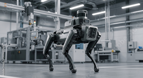 Quadrupedal robot dog walking through modern industrial automated factory for inspection and security.