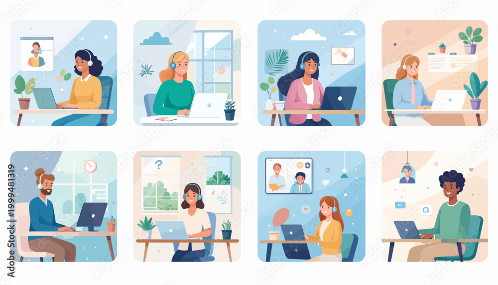 Fototapeta premium Diverse professionals collaborating virtually from home offices, engaging in online meetings and remote work tasks using laptops and headsets