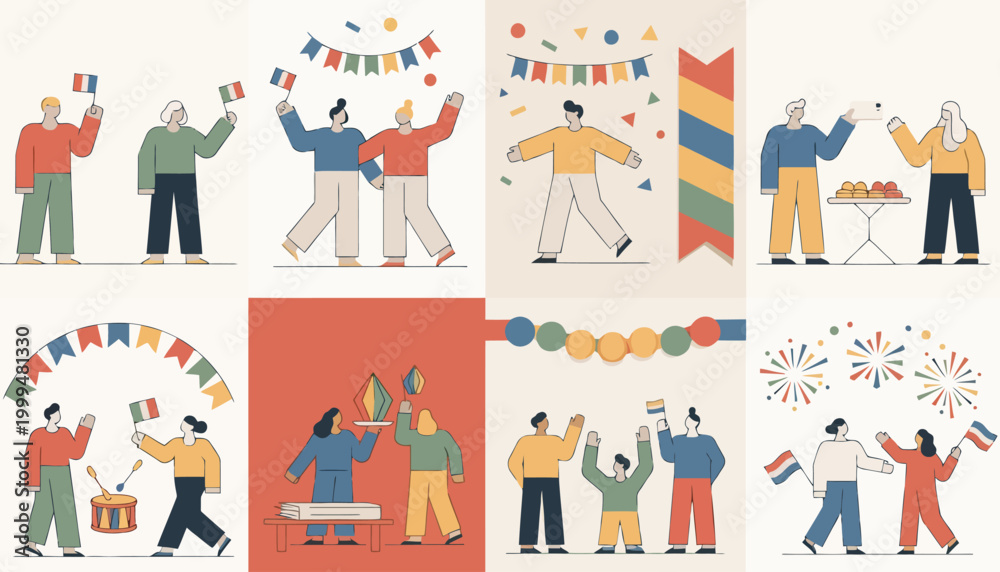 Fototapeta premium Vibrant flat illustrations depicting diverse groups celebrating festive occasions, national holidays, and cultural events with flags, banners, and joyful camaraderie