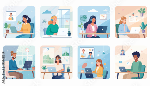 Diverse professionals collaborating virtually from home offices, engaging in online meetings and remote work tasks using laptops and headsets