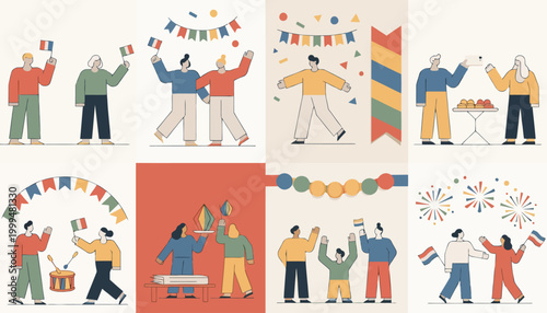 Vibrant flat illustrations depicting diverse groups celebrating festive occasions, national holidays, and cultural events with flags, banners, and joyful camaraderie