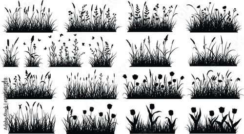 Black Meadow Grass Silhouette Set with Wildflowers Tulips Butterflies and Marsh Reeds for Nature Landscape Summer Garden Vector Design Elements