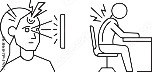 Web, Woman suffering from mental stress and eye strain due to blue light screen exposure outline icon.