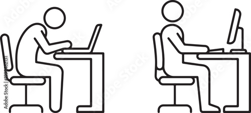 Web, Proper ergonomic sitting posture at office desk for spine health and back protection outline icon.