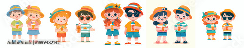 vector two children standing holding cold drinks in summer clothes