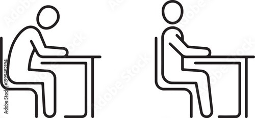 Web, Proper ergonomic sitting posture at office desk for spine health and back protection outline icon.