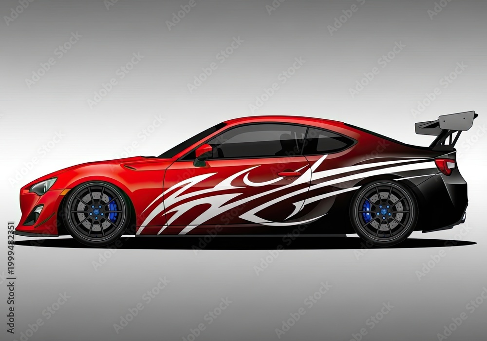 Naklejka premium Red sports car with racing decals and large rear wing