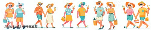 vector old couple walking holding cold drinks in summer clothes