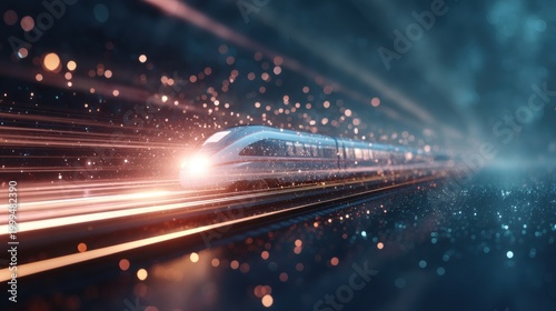 High speed bullet train moving through a digital tunnel. Futuristic rail transportation with light trails. Modern urban infrastructure technology concept for travel and fast connection.