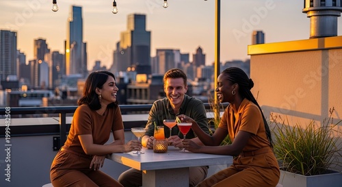Friends enjoying cocktails on a rooftop bar at sunset